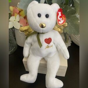 🆕🌟 RETIRED RARE TY BEANIE BABY BEAR “GIFT”. (WHITE BEAR WITH GOLD WINGS). MWMT!